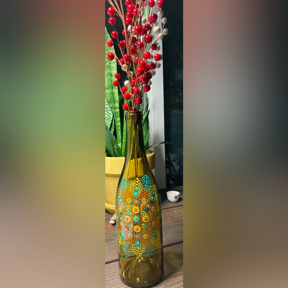 Hand painted mandala on a recycled wine bottle NWT.
